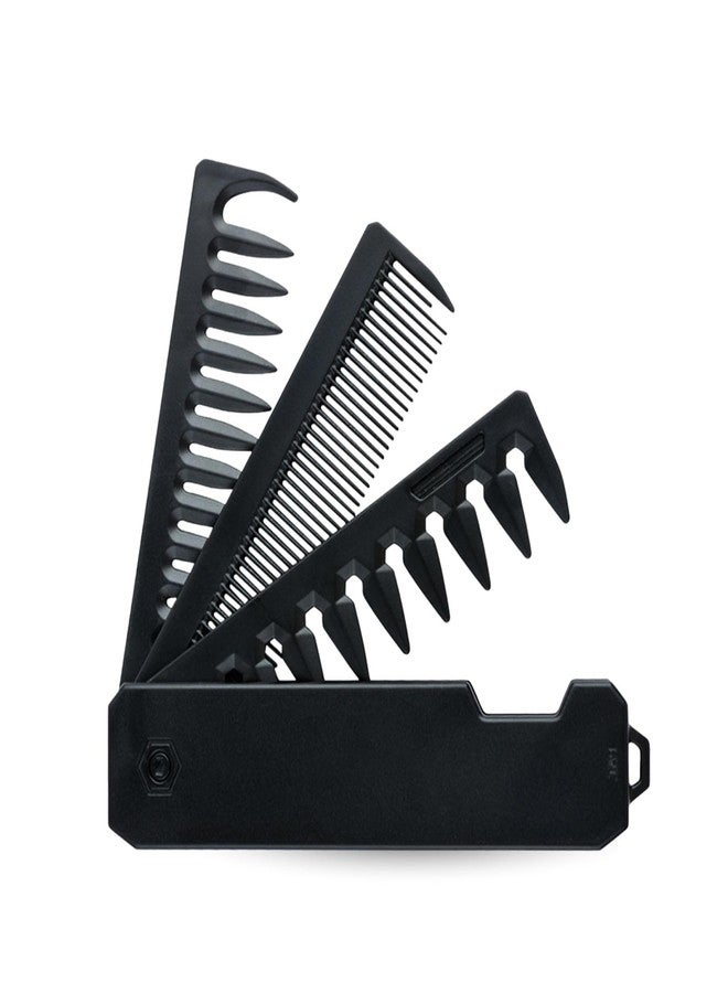 BARBERPLAN Protable Folding Pocket Comb for Men, 3 in 1 Hair Comb - Fine Tooth & Wide Tooth Comb, for Everyday Grooming & Combing Hair, Beards and Mustaches (Black) - Image 1